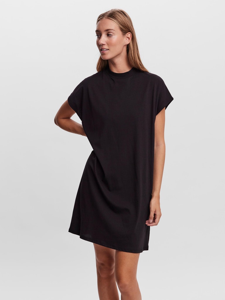high neck t shirt dress Milumia Women's Mock Neck T Shirt Dress Casual Short Sleeve Loose A Line Swing Mini Dress Black X-Small at Amazon Women's Clothing store