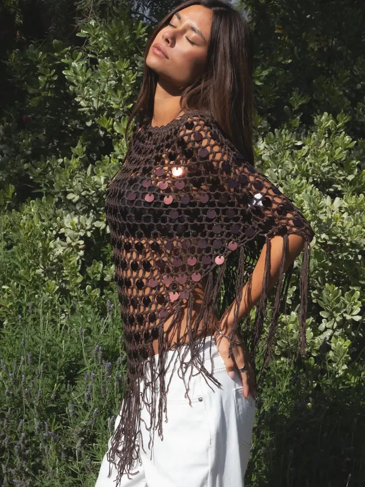 Lunara Sequin Crochet Fringe Knit Poncho