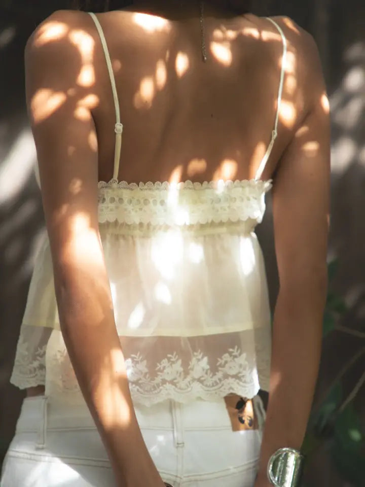 Brielle Babydoll Embroidered Mesh Lace Trim Cami