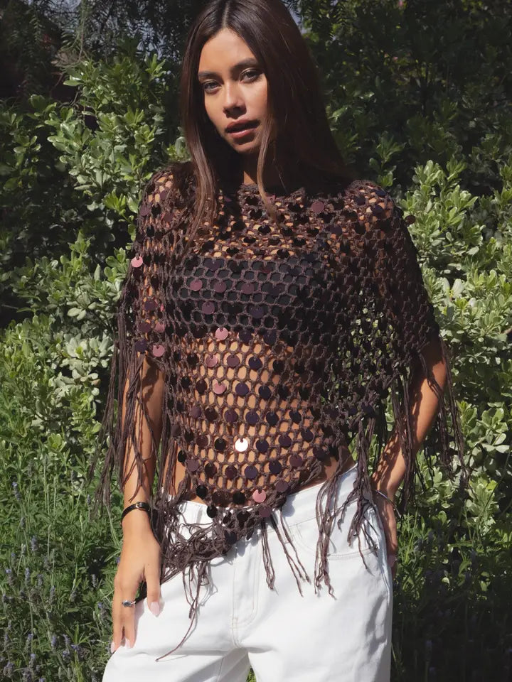 Lunara Sequin Crochet Fringe Knit Poncho